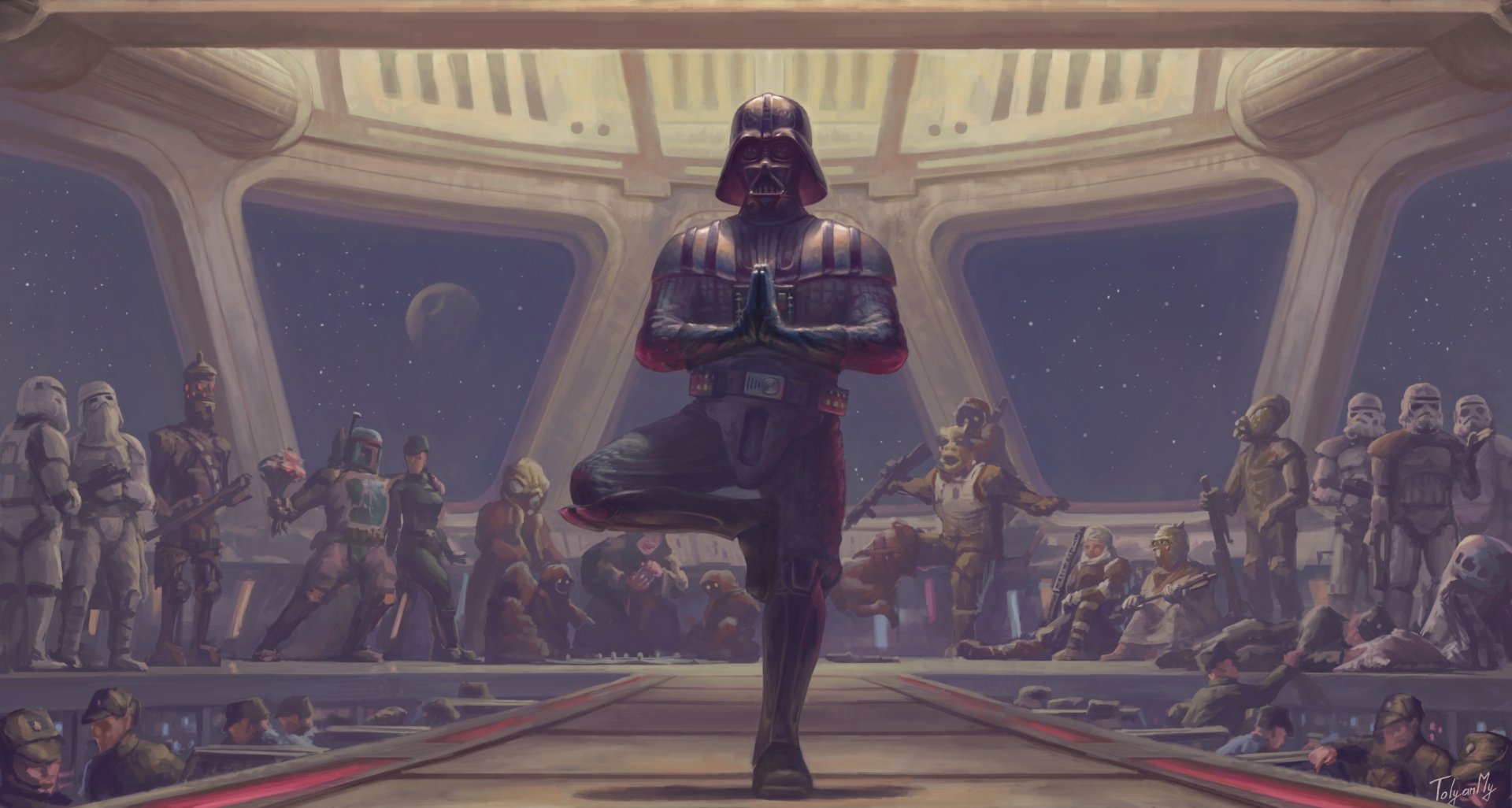 Darth Vader practices yoga among a humorous gathering of Jawas, Bossk, Boba Fett, and stormtroopers in this HD Star Wars desktop wallpaper. Sci-fi fun unfolds in the galaxy.