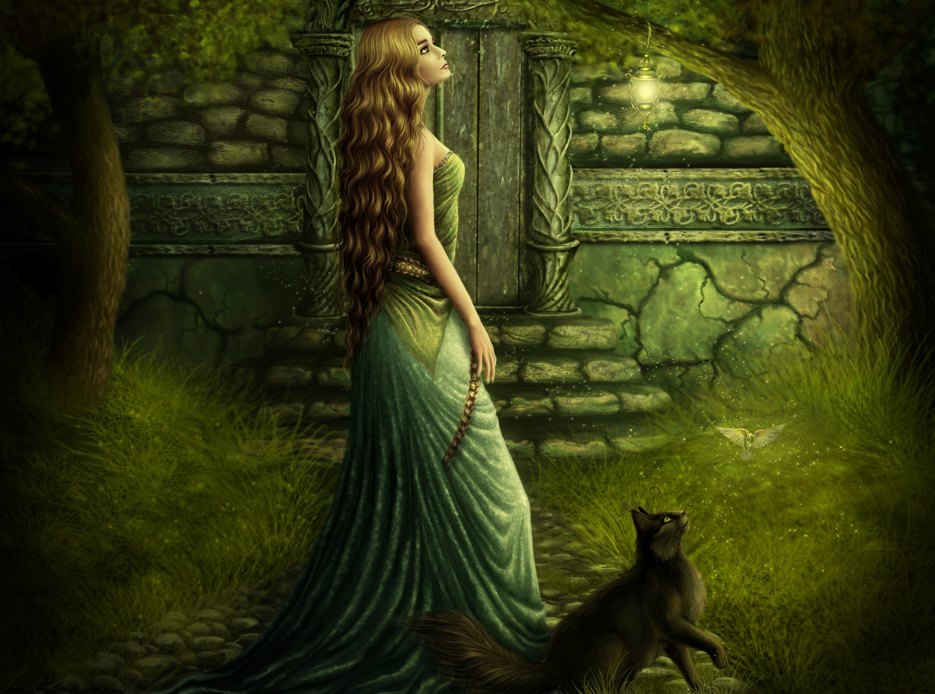 Download Cat Lantern Grass Green Dress Fantasy Woman HD Wallpaper by Esmira