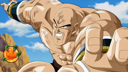 Nappa from Dragon Ball Z is striking a powerful pose in this HD anime wallpaper, showcasing his muscular build against a vibrant sky and landscape.