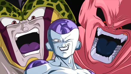 High-definition wallpaper featuring iconic Dragon Ball Z villains: Majin Buu, Cell, and Frieza, showcasing their fierce expressions in vibrant colors.