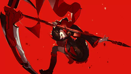 HD PC desktop wallpaper featuring Ruby Rose from the anime RWBY in a dynamic pose with her signature weapon against a striking red background.