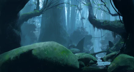 HD PC desktop wallpaper: fantasy forest with mossy branches arching over a clear stream amid misty blue-green trees and smooth boulders.