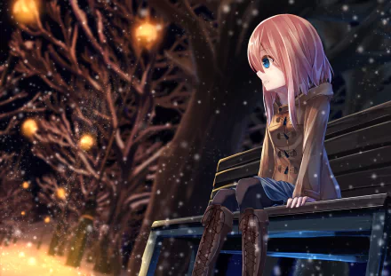 A serene anime scene featuring a girl with pink hair sitting on a bench under glowing lights, surrounded by snowy trees at night, creating a peaceful winter atmosphere.