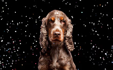 HD desktop wallpaper featuring a close-up of a cocker spaniel dog with snowflakes falling against a black background.