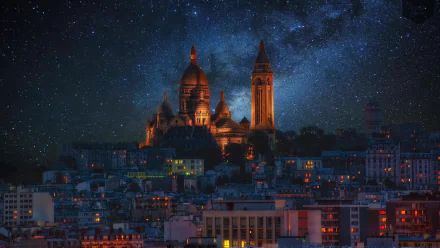 A stunning night view of the Sacré-Cœur Basilica in Paris, framed by a starry sky, showcasing the city's illuminated buildings and charming architecture.