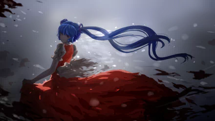 HD anime desktop wallpaper featuring Hatsune Miku with flowing blue hair and a vibrant red dress in a serene, underwater-like setting.