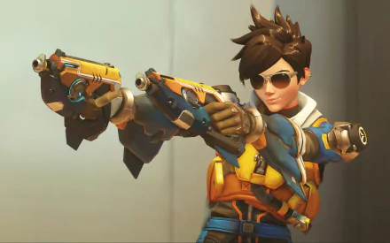 HD desktop wallpaper of Tracer, a character from the video game Overwatch, aiming her dual pistols while wearing sunglasses.
