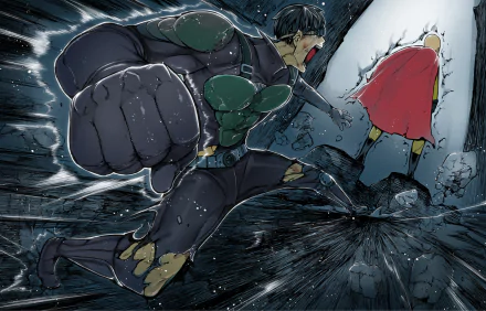 Action-packed HD wallpaper featuring Saitama and Mumen Rider from One-Punch Man, showcasing a dynamic scene filled with energy and intensity.