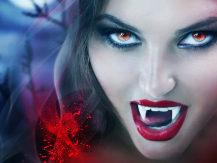A stunning vampire with fangs and red eyes, framed by smoky shadows. Her brunette hair and bold lipstick enhance the fantasy vibe, creating an intense and captivating wallpaper.