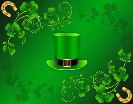A vibrant green background adorned with clovers frames a classic St. Patrick's Day top hat, making this 4K Ultra HD wallpaper a festive celebration of the holiday.