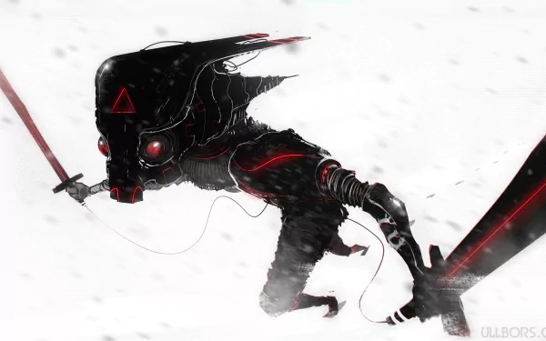 A dynamic sci-fi robot wielding a sword, set against a stark white background, creating a striking 4K Ultra HD desktop wallpaper.