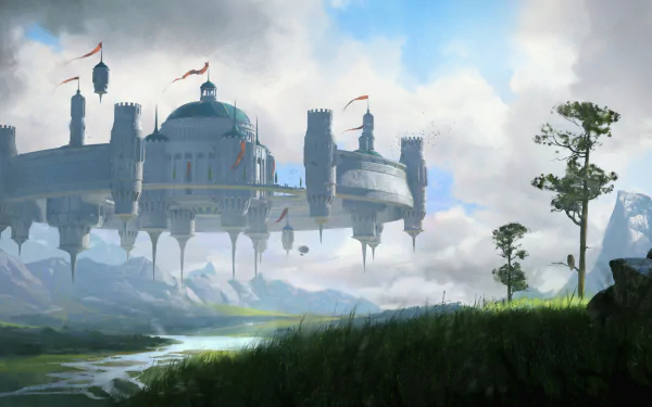 HD PC desktop wallpaper and background: a fantasy landscape showing a domed city on a floating island drifting above misty fields and a winding river.