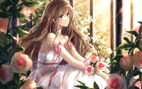 Anime Original Long Hair Brown Hair Sunbeam Flower Rose Brown Eyes Dress Ribbon Necklace Butterfly HD Wallpaper | Background Image