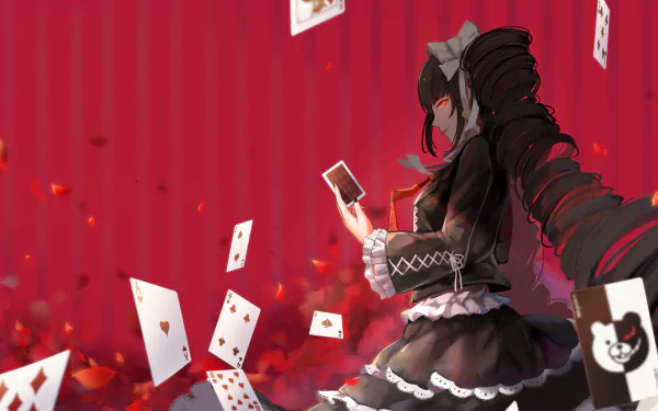 Celestia Ludenberg from Danganronpa stands elegantly against a vibrant red backdrop, surrounded by falling playing cards, encapsulating her enigmatic persona in this HD anime wallpaper.