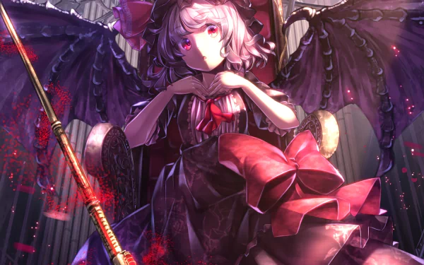 HD anime wallpaper of Remilia Scarlet from Touhou, featuring white hair, red eyes, a hat with a bow, black wings, a red and black dress, and a weapon, seated on a chair.