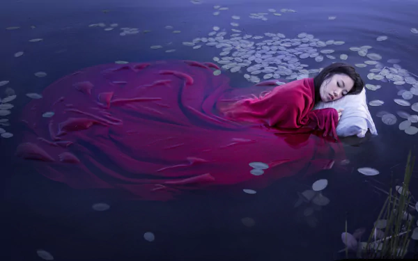 An Asian woman with brunette hair is sleeping peacefully on a pillow, partially submerged in water surrounded by lily pads. She is wrapped in a flowing red fabric. The image has a serene, dreamlike mood.