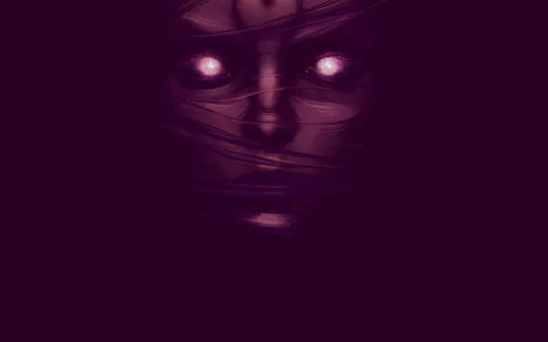 Close-up of a mysterious purple face with glowing eyes from the video game Dreamfall Chapters, featured as an HD PC desktop wallpaper and background.