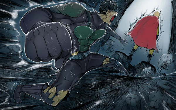Action-packed HD wallpaper featuring Saitama and Mumen Rider from One-Punch Man, showcasing a dynamic scene filled with energy and intensity.