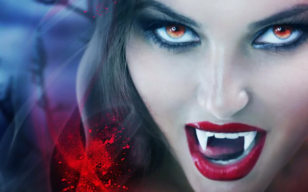 A stunning vampire with fangs and red eyes, framed by smoky shadows. Her brunette hair and bold lipstick enhance the fantasy vibe, creating an intense and captivating wallpaper.