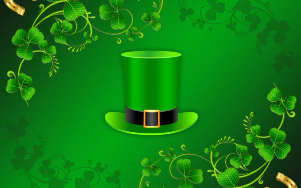 A vibrant green background adorned with clovers frames a classic St. Patrick's Day top hat, making this 4K Ultra HD wallpaper a festive celebration of the holiday.