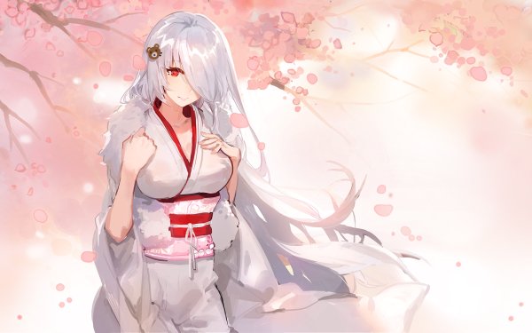 Anime Original Long Hair White Hair Red Eyes Smile Sakura Blossom Cherry Blossom Japanese Clothes Yukata HD Wallpaper | Background Image