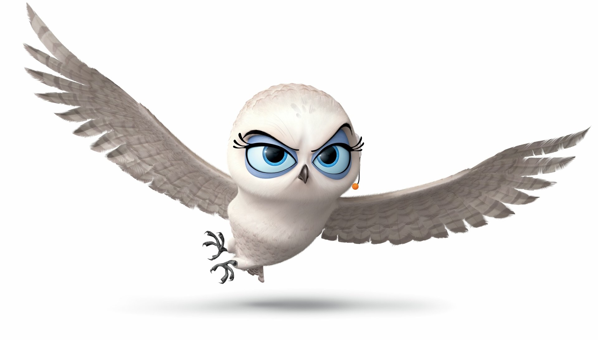 4K Ultra HD PC desktop wallpaper featuring a white owl character with large blue eyes from the movie Penguins of Madagascar in mid-flight against a white background.