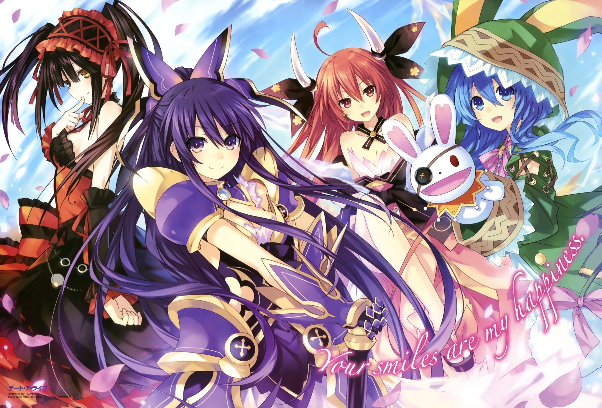 Four characters from the anime *Date A Live* are featured in this HD wallpaper, amidst petals, embodying joy and camaraderie with vibrant colors and dynamic poses.