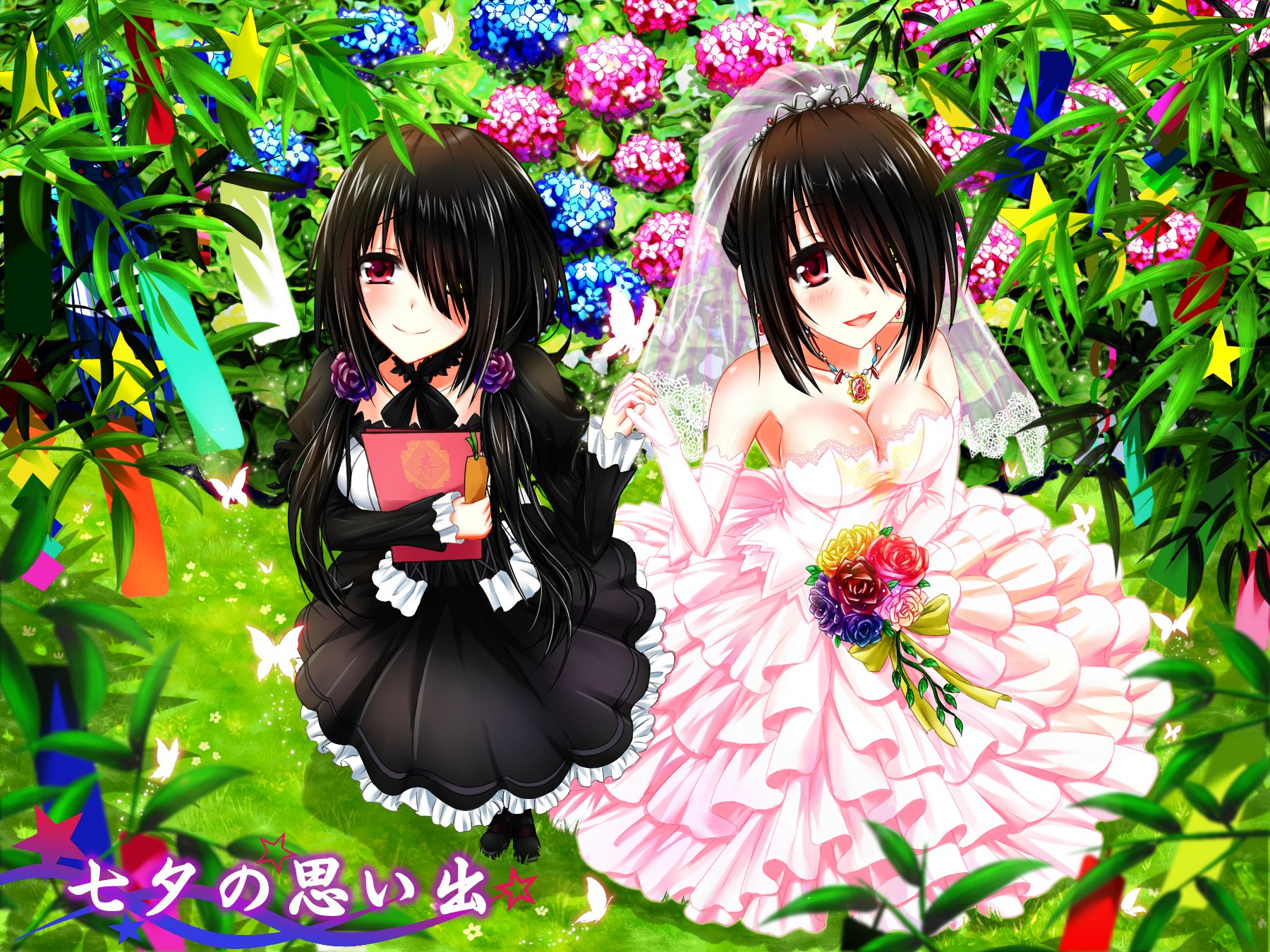 HD desktop wallpaper featuring two characters from Date A Live anime, one in a black dress holding a book, the other in a pink bridal gown, set against a vibrant, floral background.