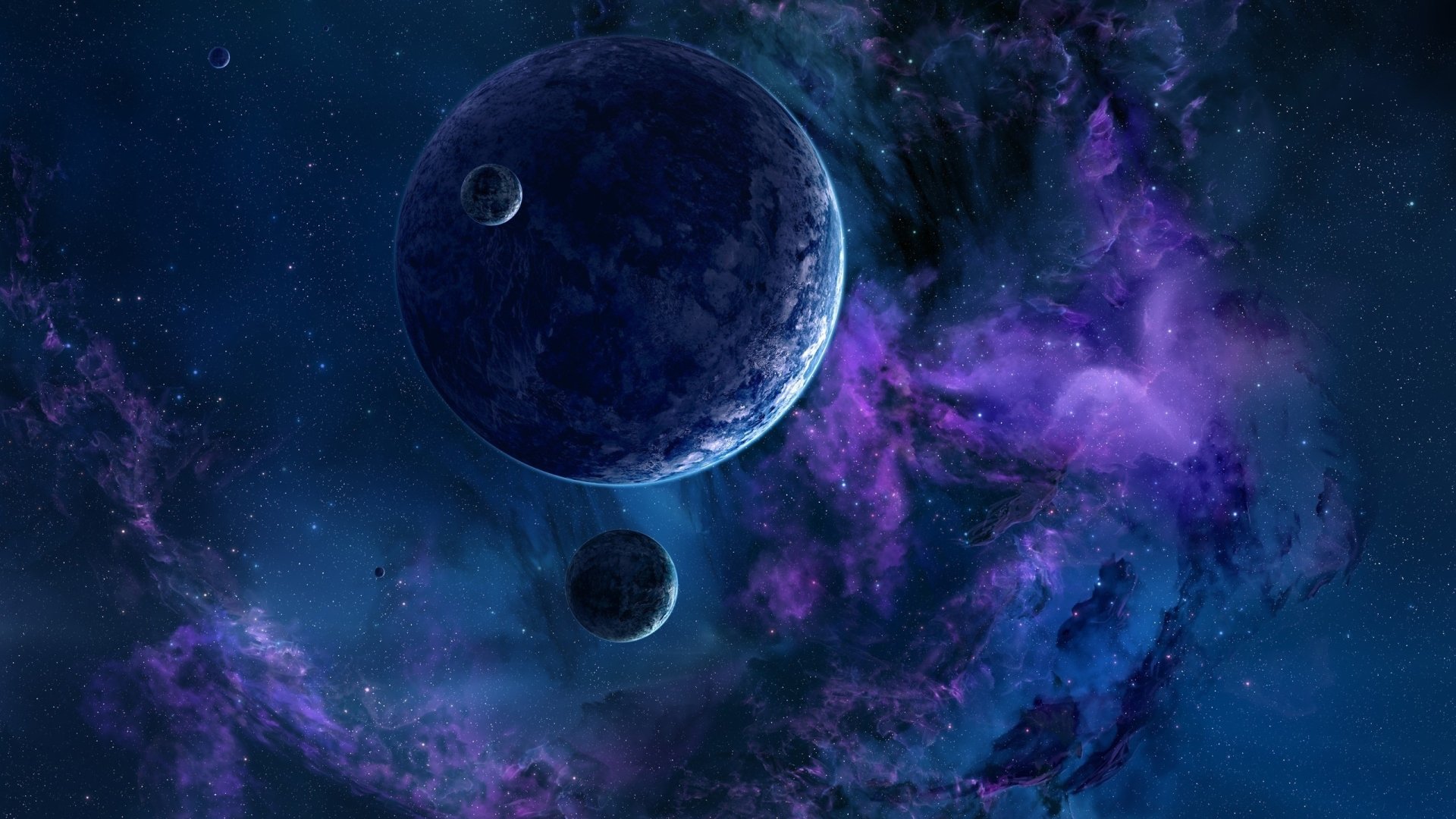 HD desktop wallpaper featuring a stunning Sci-Fi space scene with planets, stars, and a colorful nebula backdrop.