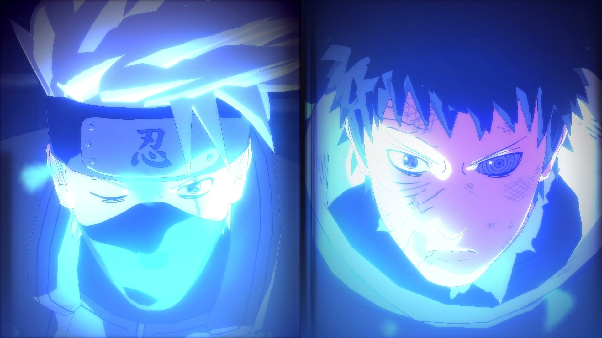 HD wallpaper featuring Obito Uchiha and Kakashi Hatake from the video game Naruto Shippuden: Ultimate Ninja Storm 4, showcasing their intense expressions and dynamic lighting.