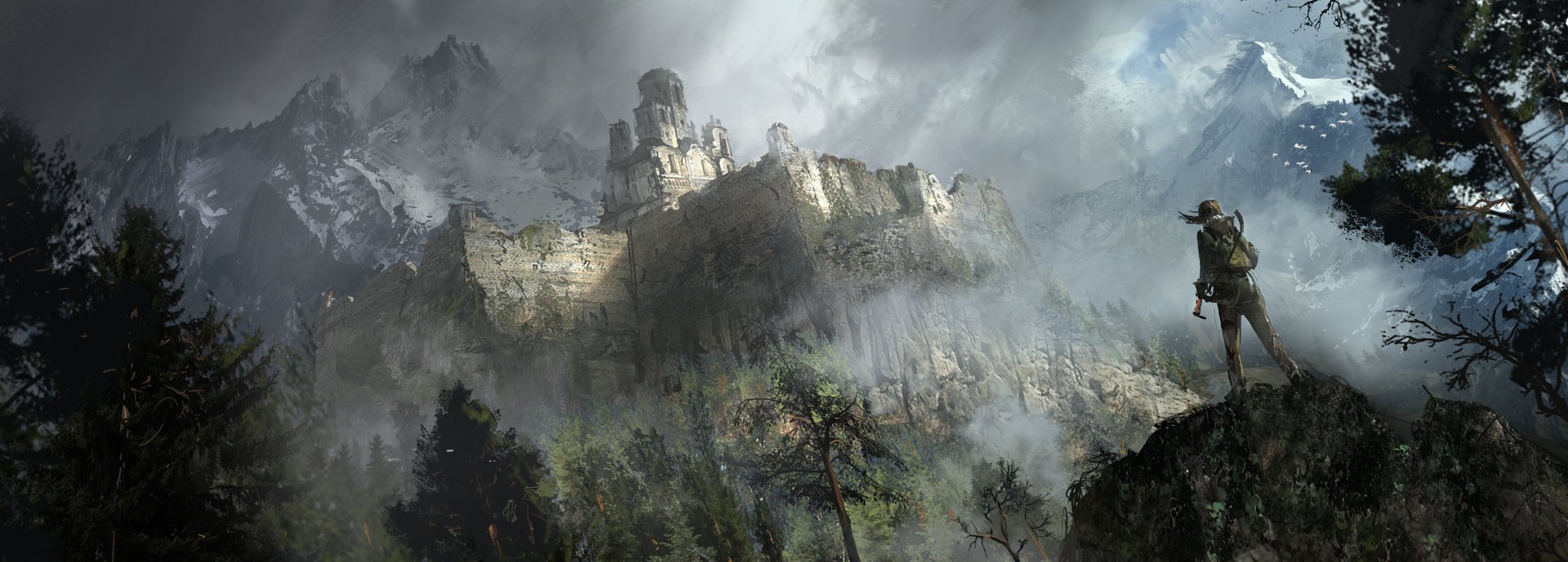 A dramatic HD wallpaper featuring a misty, mountainous landscape from the video game Rise of the Tomb Raider, showcasing the adventurous spirit of Lara Croft.