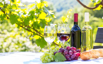 4K Ultra HD still life desktop wallpaper featuring glass bottles of wine, two wine glasses, and clusters of green and red grapes on an outdoor table with greenery in the background.