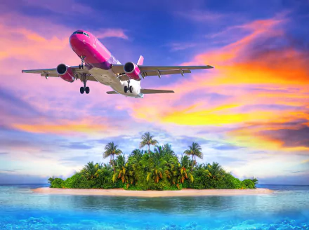 Airbus A320 flying over a tropical island with palm trees and ocean during a vibrant orange and purple sunset sky, captured in HD desktop wallpaper quality.