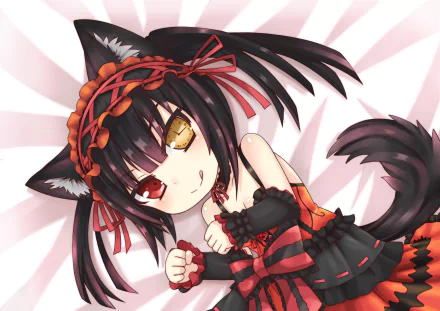 HD desktop wallpaper featuring Kurumi Tokisaki from Date A Live anime, adorned with dark attire and red accents, with cat ears and a playful expression.
