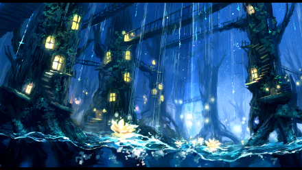 A vibrant fantasy cityscape features illuminated tree houses within a mystical, water-filled environment, accented by delicate water lilies and a serene, enchanting atmosphere.