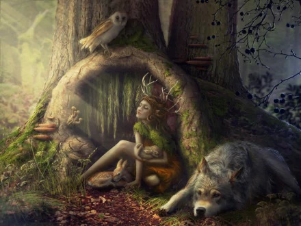 A mystical forest scene featuring a serene elf with antlers, accompanied by a rabbit, owl, fawn, and wolf, nestled by a large, moss-covered tree. Fantasy elements abound in this enchanting setting.