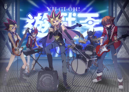 HD PC desktop wallpaper featuring anime characters from Yu-Gi-Oh! Zexal performing in a band with vibrant lighting and dynamic poses.