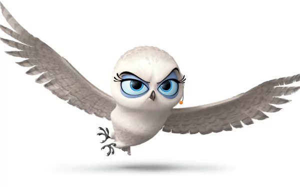 4K Ultra HD PC desktop wallpaper featuring a white owl character with large blue eyes from the movie Penguins of Madagascar in mid-flight against a white background.