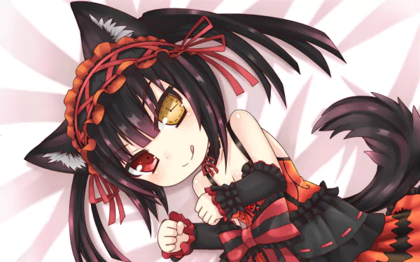 HD desktop wallpaper featuring Kurumi Tokisaki from Date A Live anime, adorned with dark attire and red accents, with cat ears and a playful expression.
