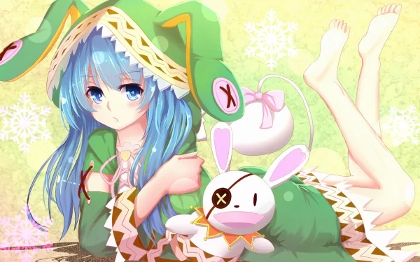 A vibrant 4K Ultra HD desktop wallpaper featuring a character from Date A Live, with blue hair, dressed in a green outfit, playfully posing with a cute white bunny plush against a colorful background.