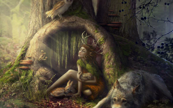 A mystical forest scene featuring a serene elf with antlers, accompanied by a rabbit, owl, fawn, and wolf, nestled by a large, moss-covered tree. Fantasy elements abound in this enchanting setting.