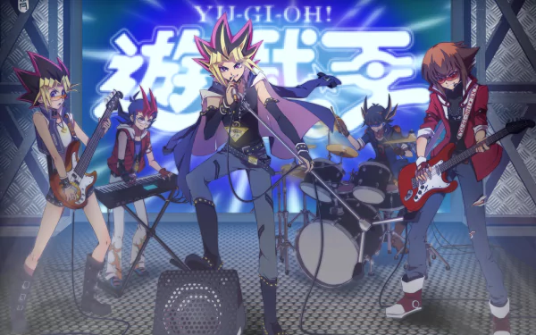 HD PC desktop wallpaper featuring anime characters from Yu-Gi-Oh! Zexal performing in a band with vibrant lighting and dynamic poses.