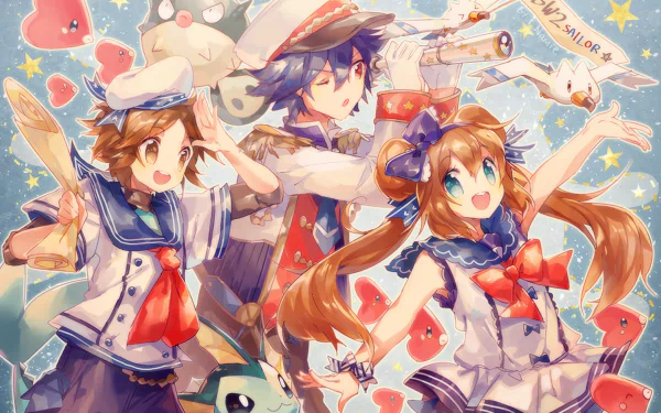 Colorful HD wallpaper featuring characters from Pokémon: Black and White 2, depicted in a playful scene with hearts and Pokémon in a cheerful setting.