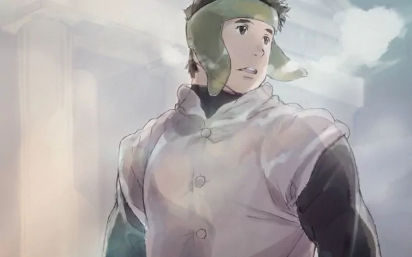 Moguzo from Grimgar of Fantasy and Ash — anime HD PC desktop wallpaper: soft-painted portrait of a young soldier in a green cap and vest gazing toward a pale, cloudy sky.