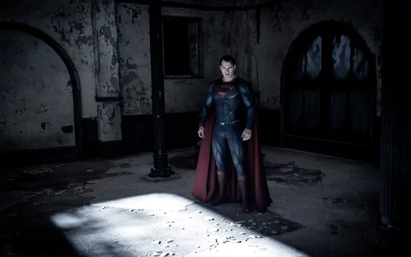 HD wallpaper featuring Henry Cavill as Superman, standing in a dimly lit, abandoned building from *Batman v Superman: Dawn of Justice*.