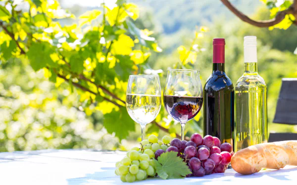 4K Ultra HD still life desktop wallpaper featuring glass bottles of wine, two wine glasses, and clusters of green and red grapes on an outdoor table with greenery in the background.