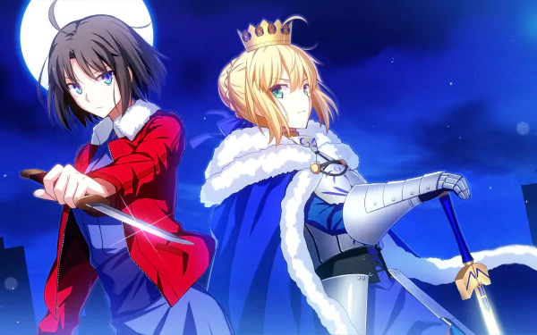 HD desktop wallpaper featuring Shiki Ryougi and Saber from the Fate/Grand Order anime series, with a dynamic night sky background.