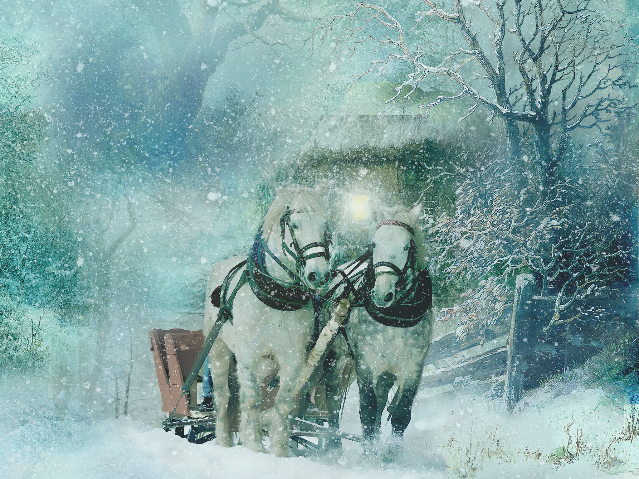 Horses Pulling Sleigh in Snowstorm by Birgitta Sjöstedt