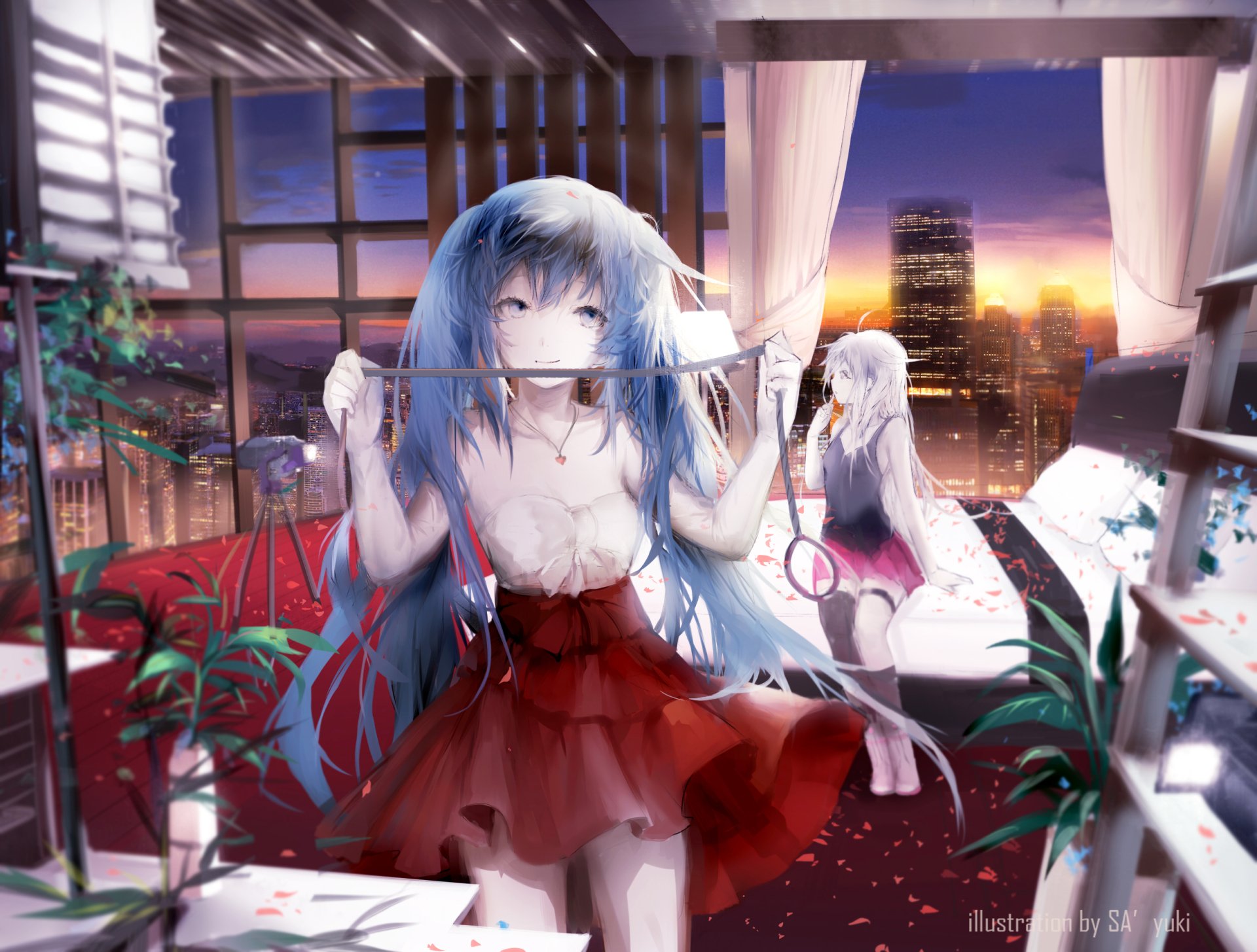 A vibrant HD wallpaper featuring Hatsune Miku in a stylish dress with blue hair and twintails, set against a sunset view from a building, creating a serene anime atmosphere.