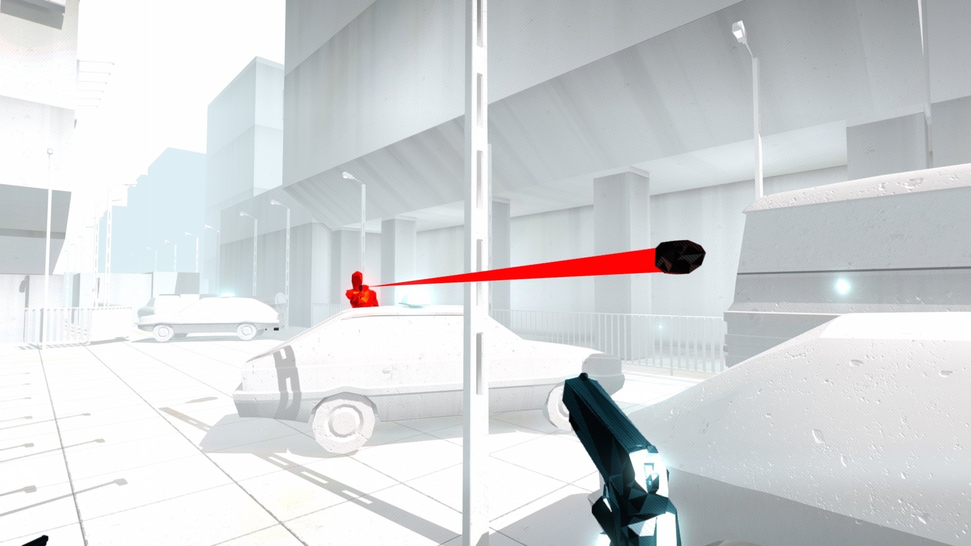 HD desktop wallpaper from SUPERHOT game featuring a minimalistic white cityscape with red enemy and incoming bullet.
